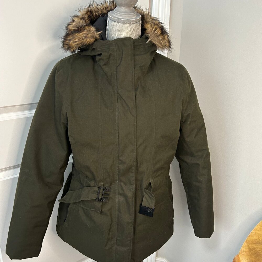 Women's North Face Mirabella Belted Hooded Down Jacket Green Size LG - Picture 2 of 5